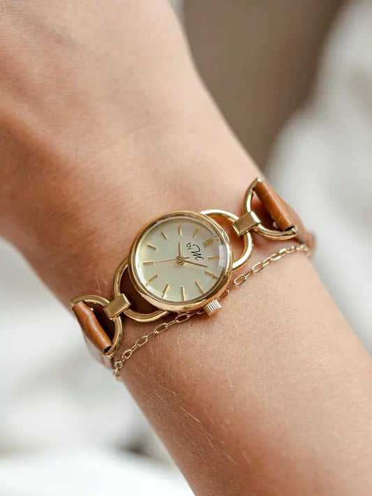 Vintage Style Women's Watch, Gold Dial, Light Brown Leather Strap